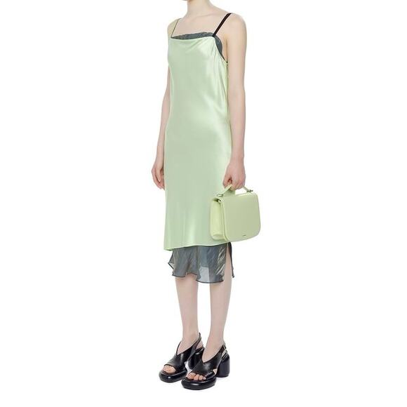 Helmut Lang Green Silk Slip Dress Sz 2 NWT Layered Sheer Hem Bias Cut Cocktail - Picture 3 of 8